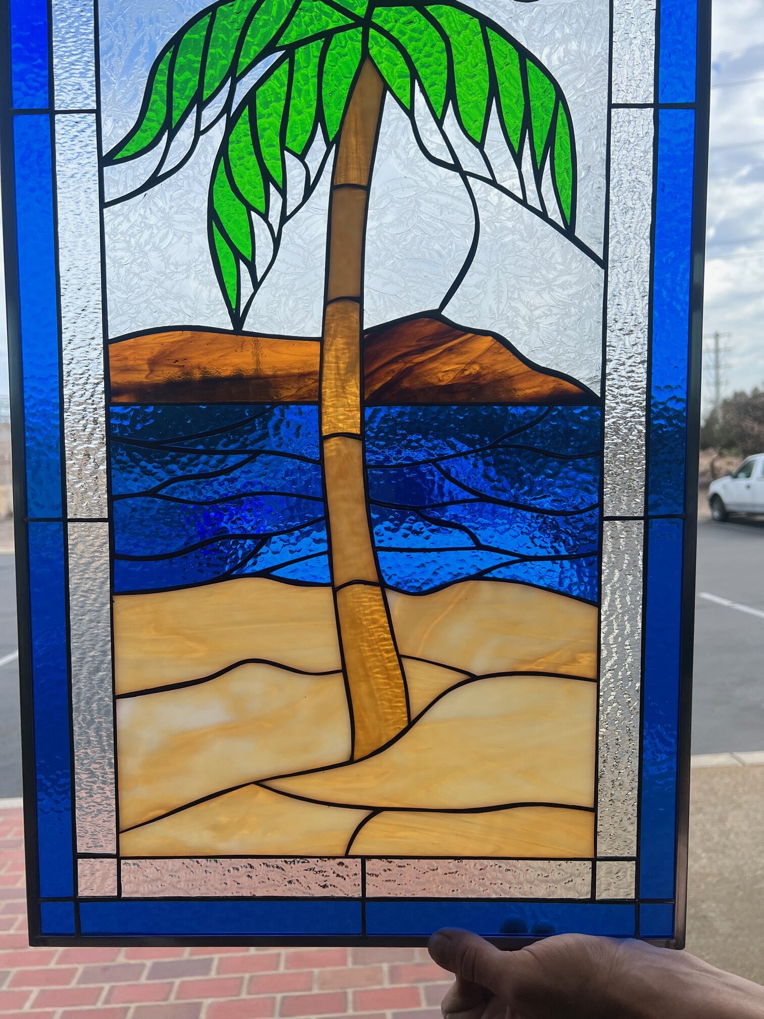 Island palm tree leaded stained glass window panel