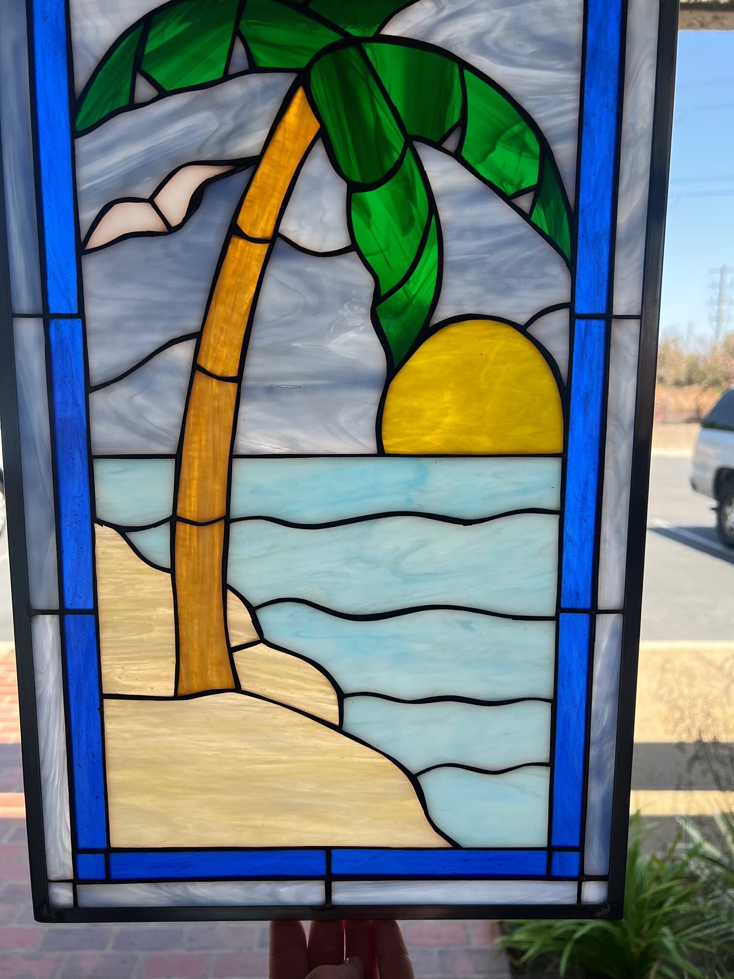 Palm tree sun seagulls leaded stained glass window panel