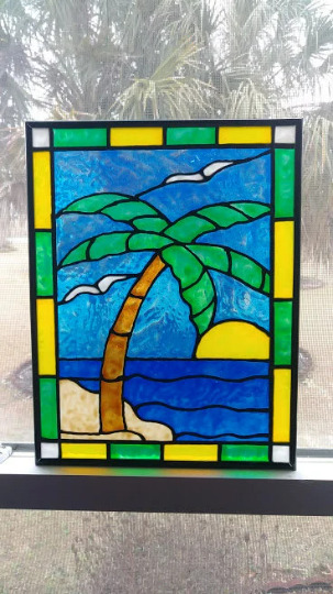 Palm tree stained glass window panel hand painted