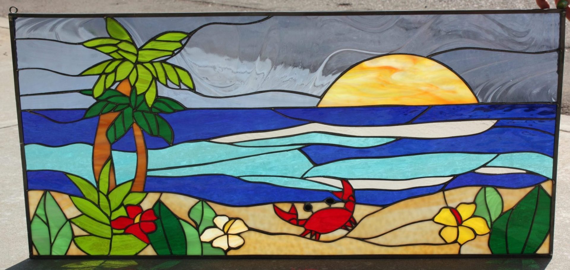 Crab palm tree flowers sunset stained glass window
