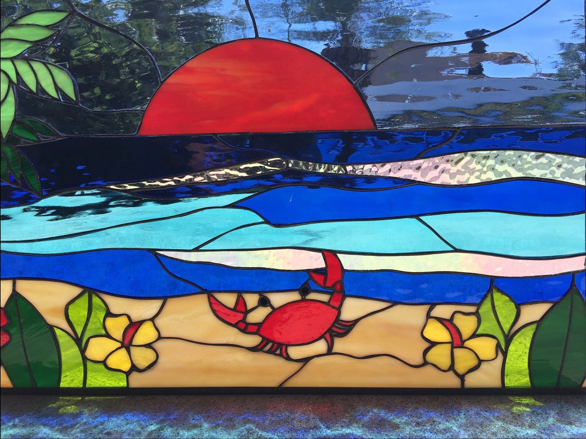 Crab palm tree flowers sunset stained glass window