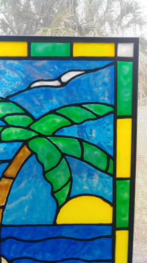 Palm tree stained glass window panel hand painted