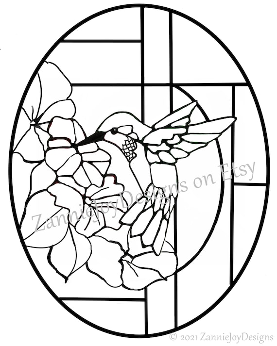 Stained glass hummingbird pattern instant download coloring page instant download hummingbird line drawing download now