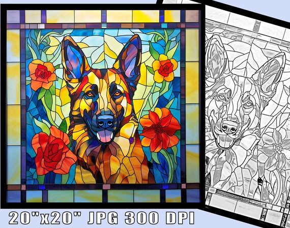 German shepherd dog floral stained glass pattern print download digital art adjustable to x dpi dog wall art dog coloring book page