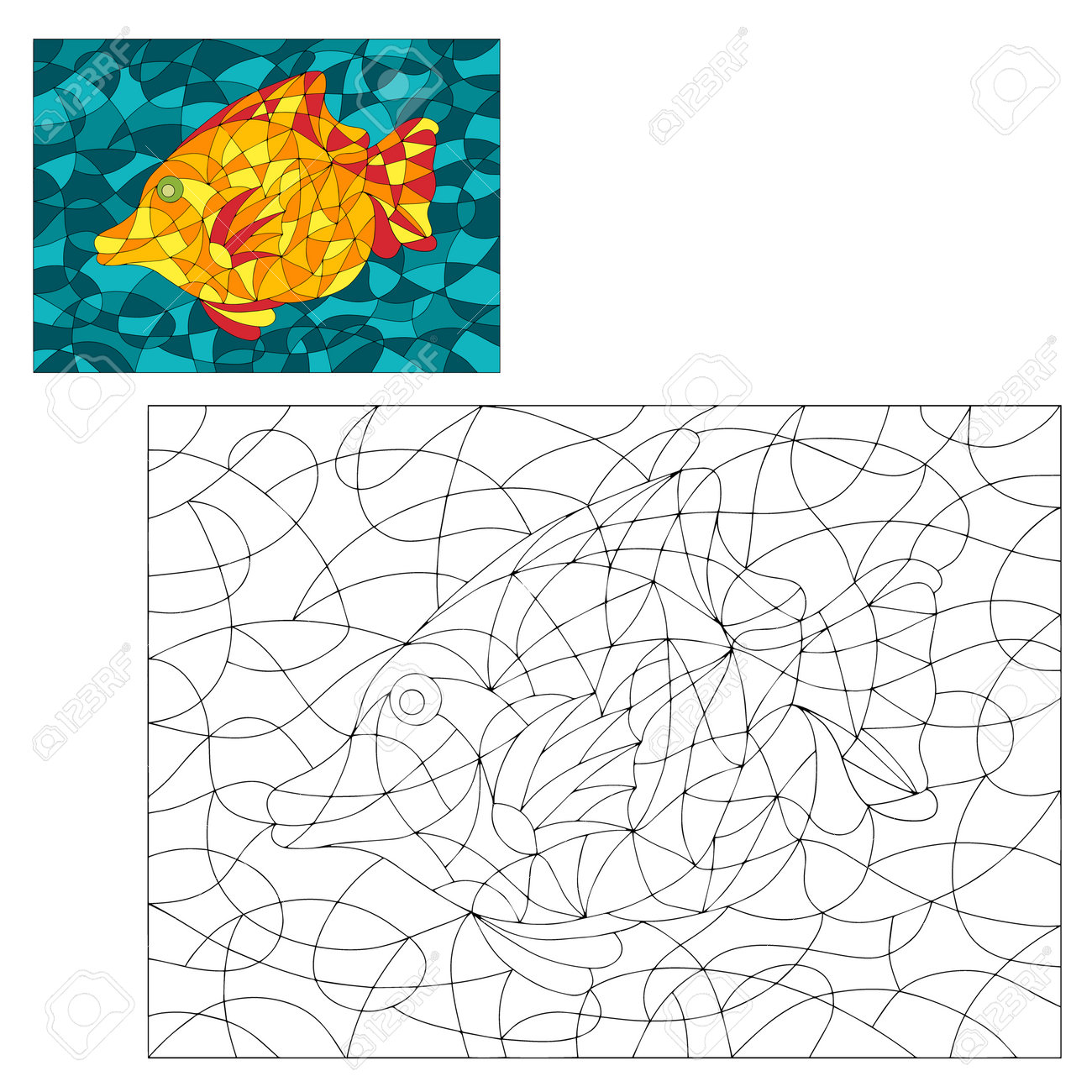 Black and white and colored illustration in stained glass style with abstract fish image for coloring book and coloring page stock photo picture and royalty free image image
