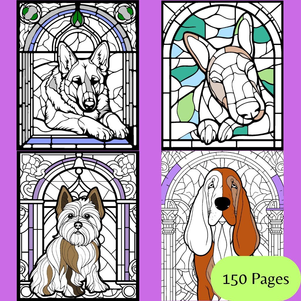 Dogs stained glass window coloring page bundle pages bulldogs retrievers shepherds terriers hunters dachshunds and many more instant download