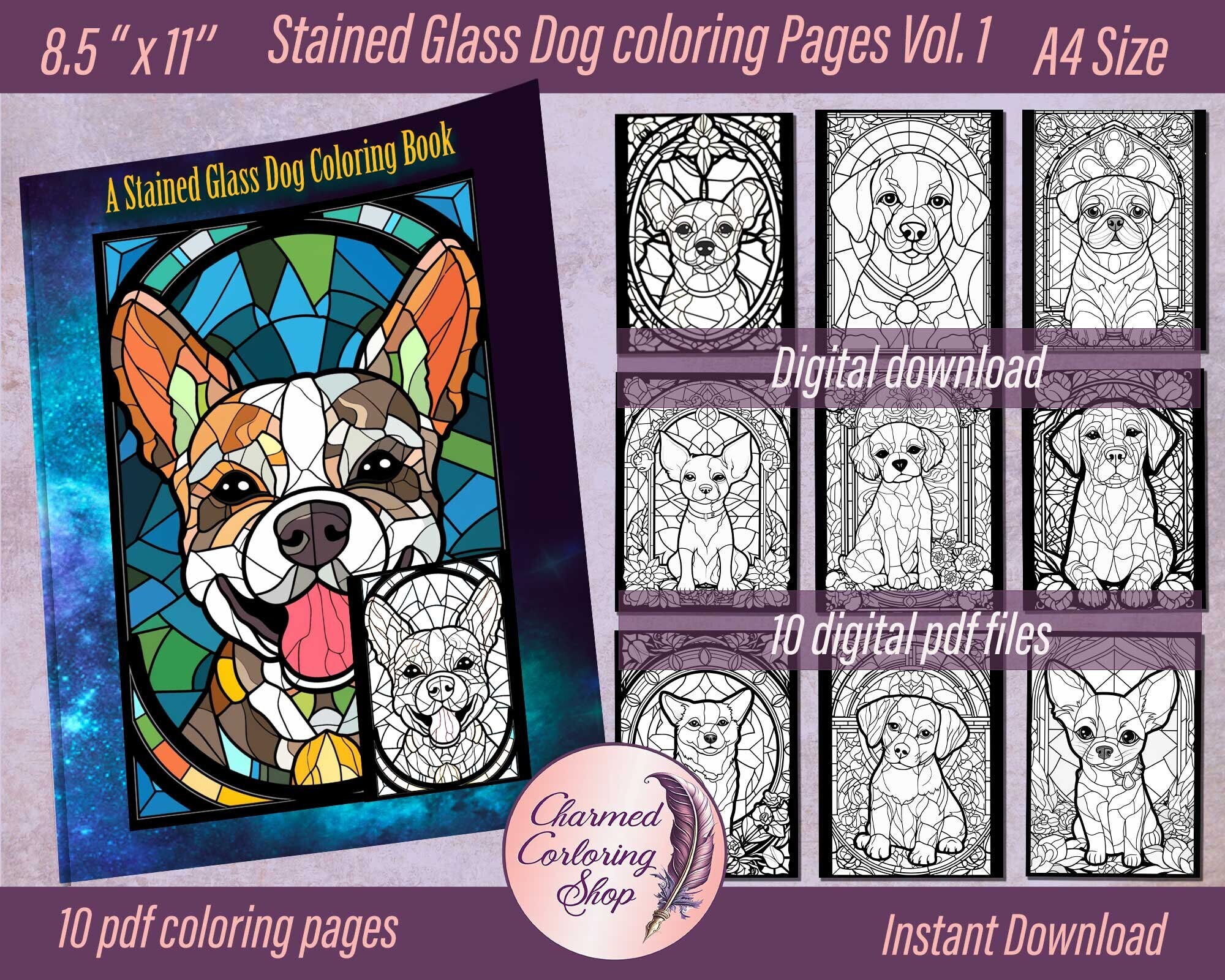 Stained glass dog coloring pages vol digital pdf files instant download perfect for a coloring experience at home or on the go