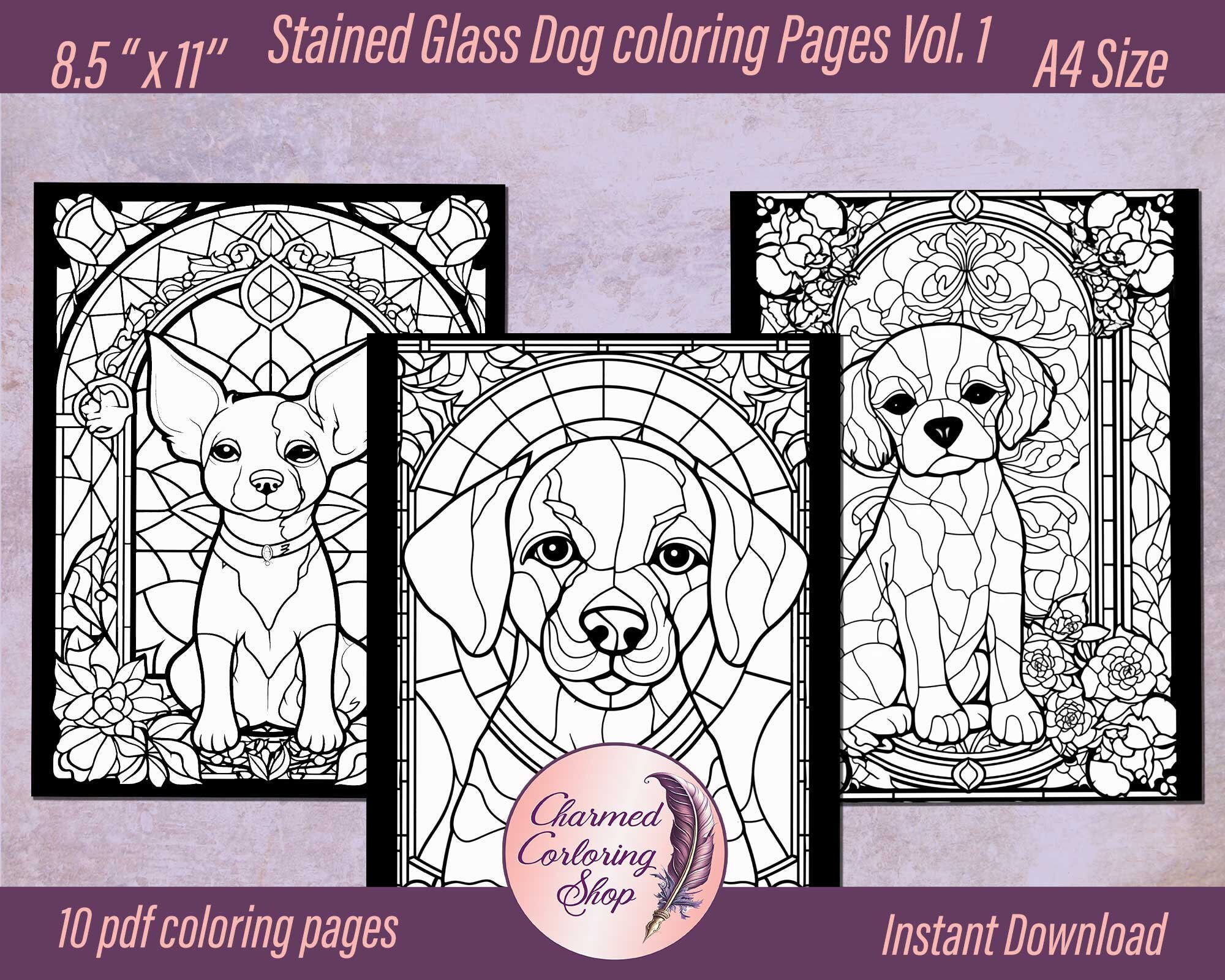 Stained glass dog coloring pages vol digital pdf files instant download perfect for a coloring experience at home or on the go