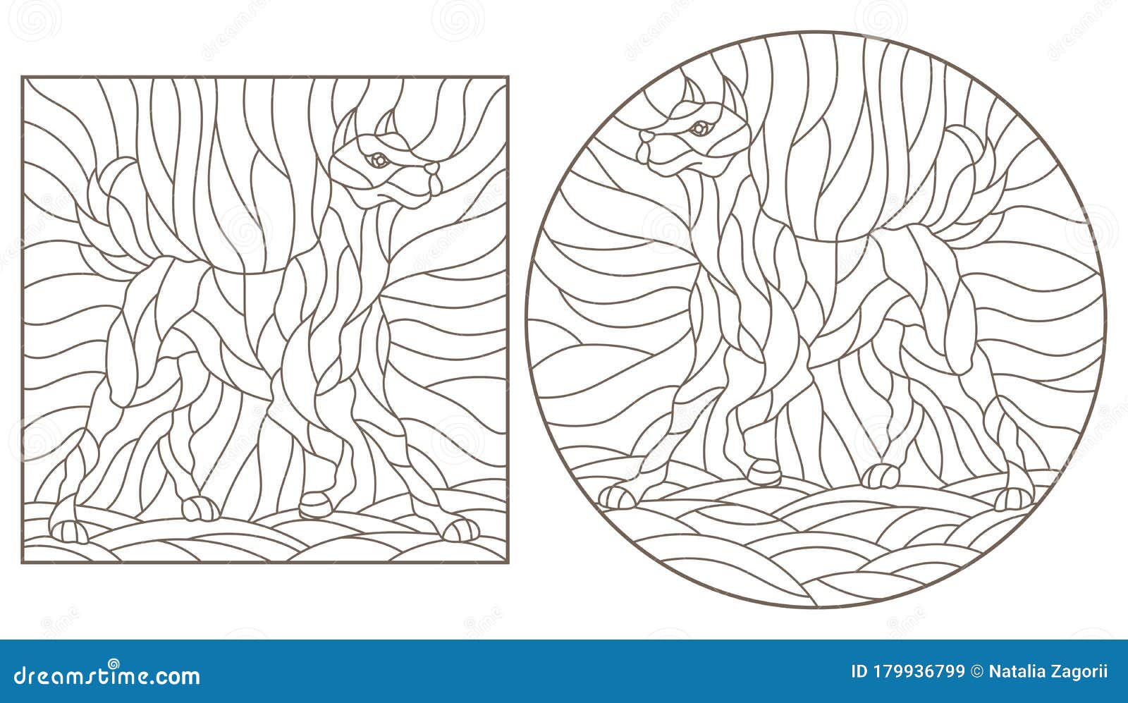 Contour set with illustrations of stained glass windows with abstract dogs dark outlines on a white background stock vector