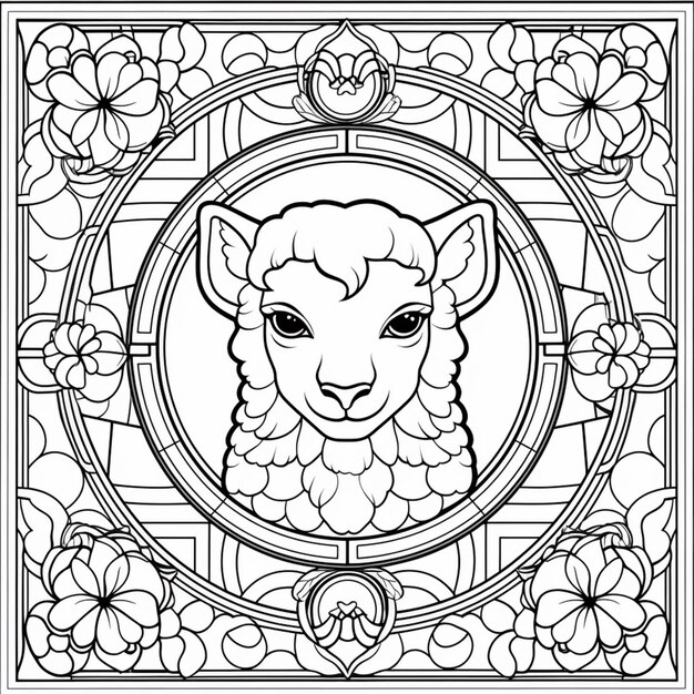 Premium ai image a coloring page with a sheep in a stained glass frame generative ai