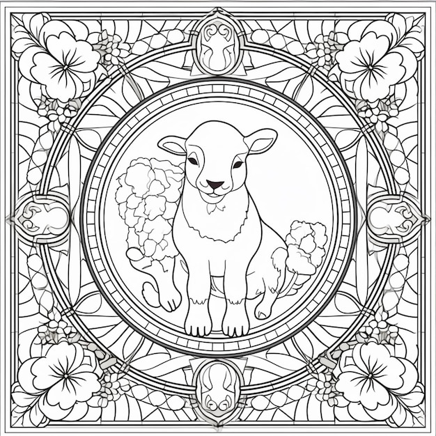 Premium ai image a coloring page with a sheep in a stained glass frame generative ai