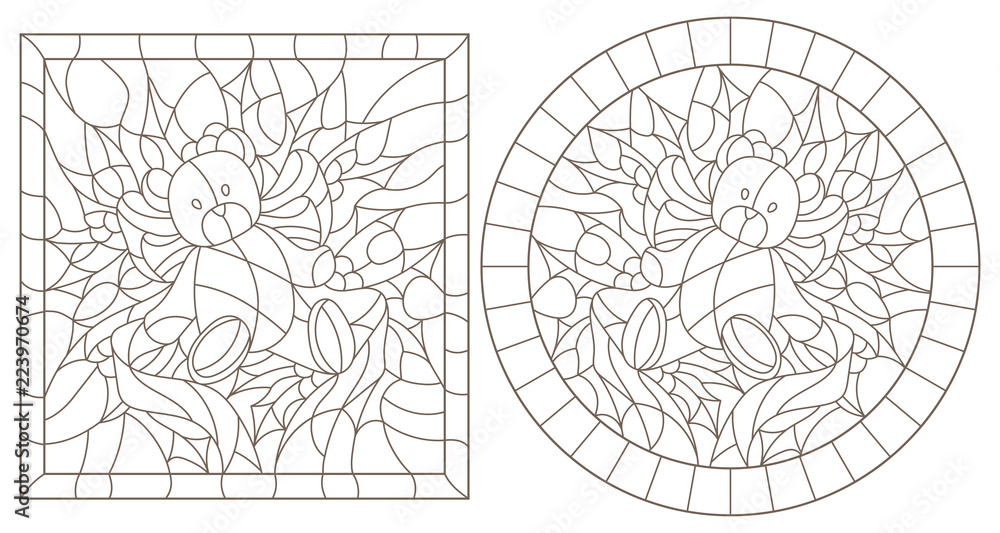 Set of contour illustrations in stained glass style for the new year and christmasteddy bear holly branches and ribbons in the frame round and square image vector