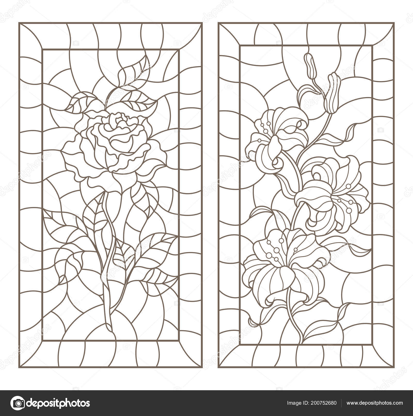 Set contour illustrations stained glass flowers lilies roses frames dark stock vector by zagory