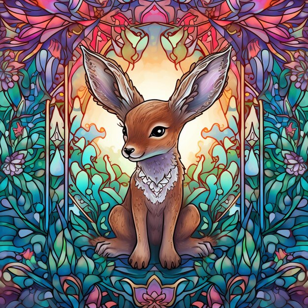 Premium ai image coloring page of a fawn sitting in a stained glass frame generative ai
