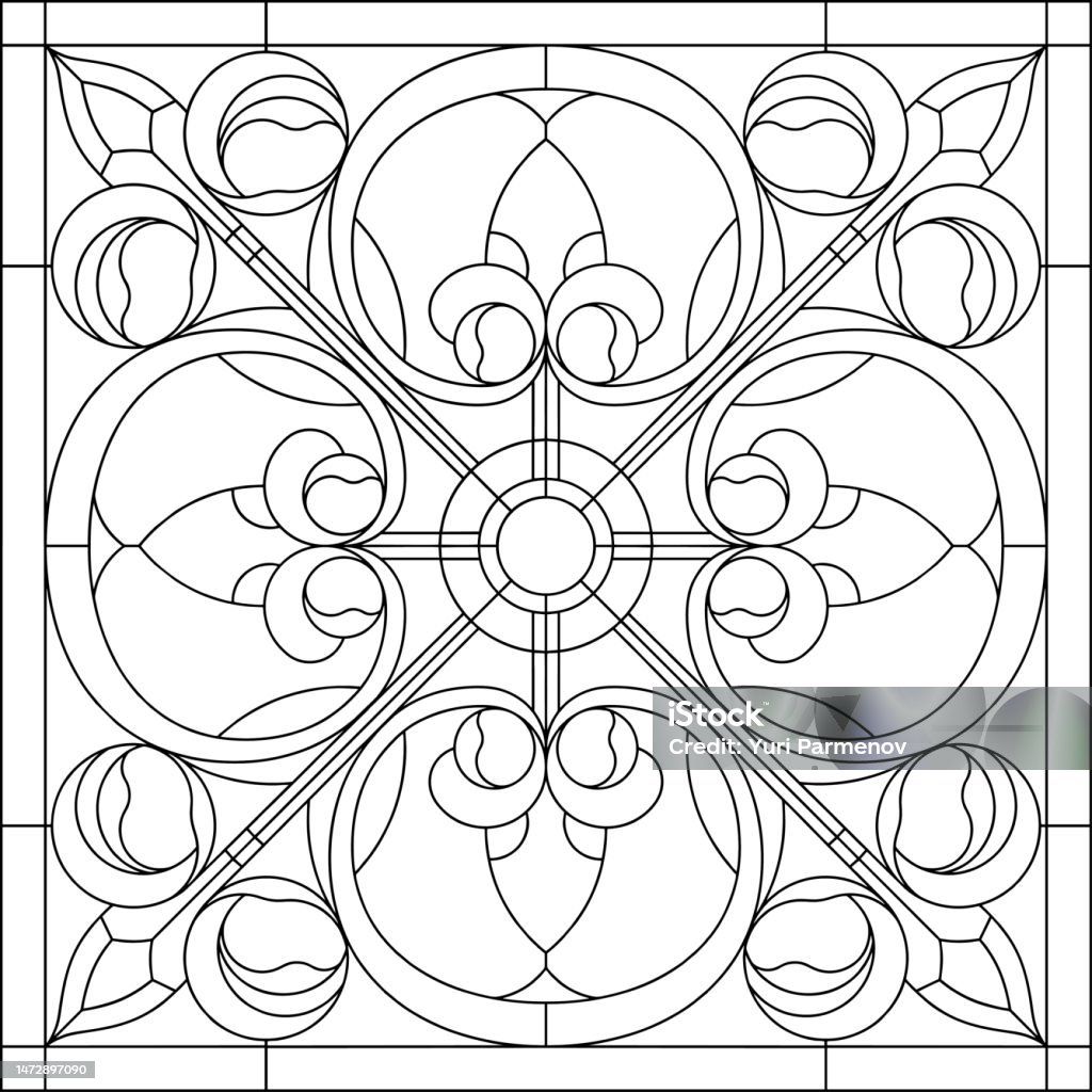 Stained glass in square frame window on the ceiling in square frame symmetric position vector illustration panel for window outline vector stock illustration