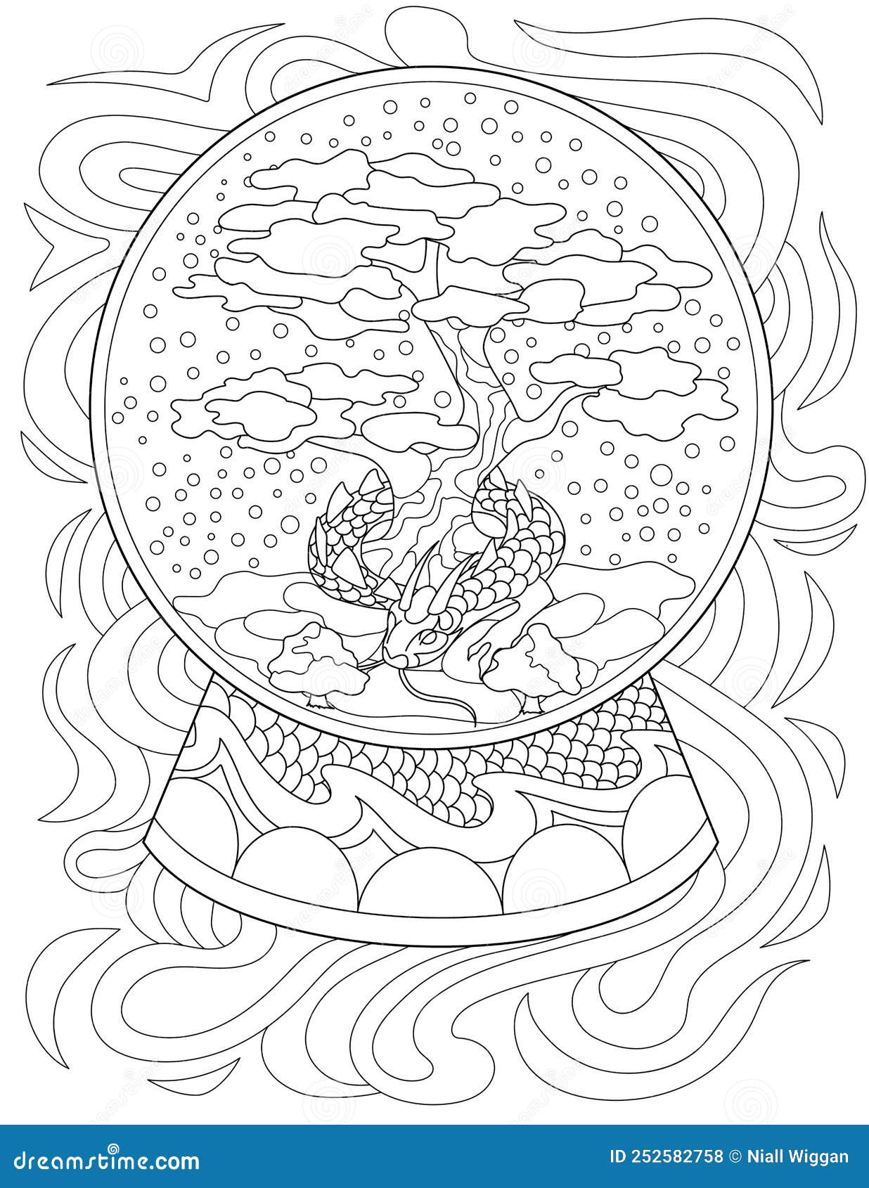 Coloring book with snow glass with dragon around bonsai inside sheet to be colored with snowing globe with trees and stock vector