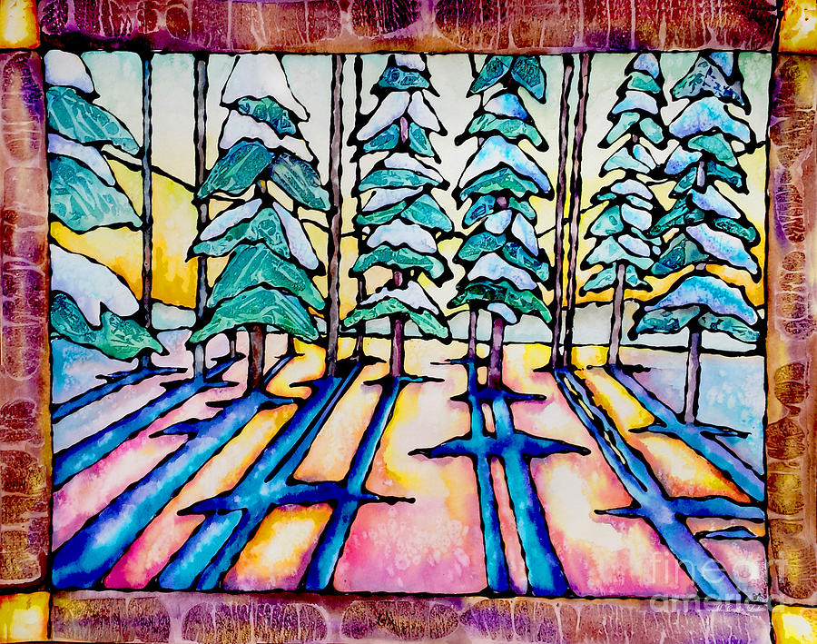 Stained glass watercolor winter pine trees painting by caitlin lodato