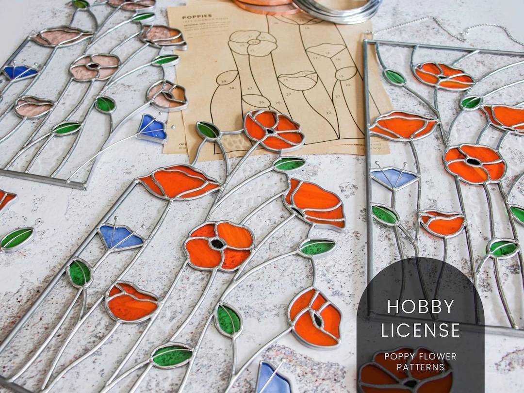 Patterns poppy flower stained glass panel patterns digital download hobby license instant download