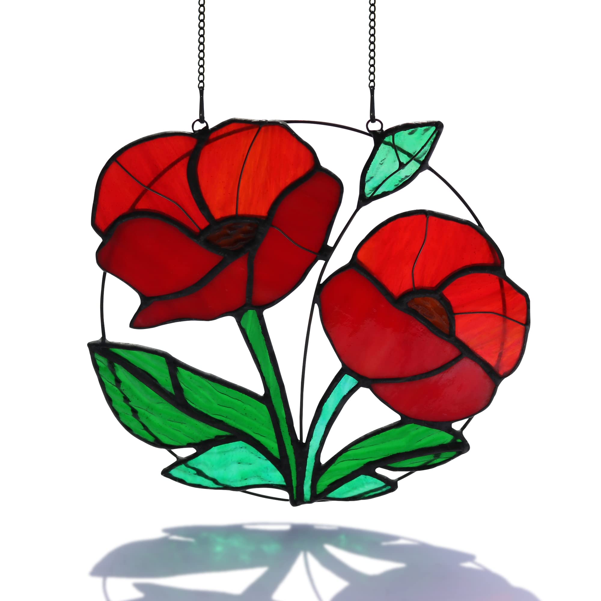 Haosum red flowers stained glass window hangingartificial poppy flower suncatcher wall art decorred poppies modern artwork hanging decorations for bedroom living roommemorial giftsâ patio lawn garden