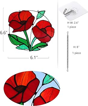 Haosum red flowers stained glass window hangingartificial poppy flower suncatcher wall art decorred poppies modern artwork hanging decorations for bedroom living roommemorial giftsâ patio lawn garden