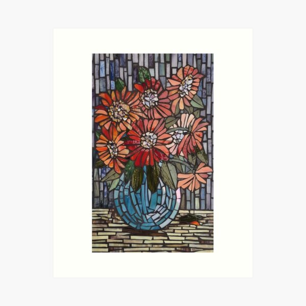 Stained glass poppy mosaic in red blue and green stained glass art print for sale by suespaintroom