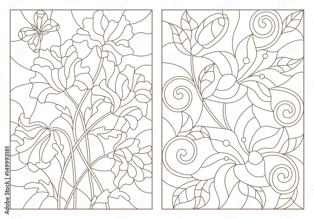Set contour illustrations in the stained glass style with floral pattern bouquet by poppies and lilies dark outline on a white background vector