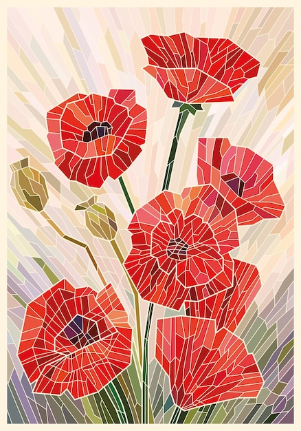 Premium vector color stained glass red poppies on a beige background