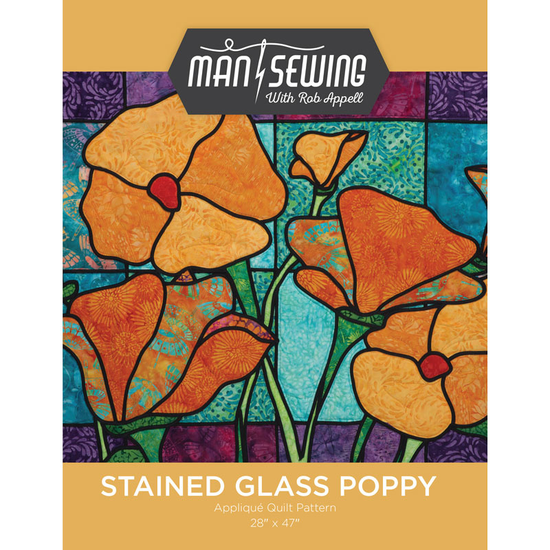 Man sewing stained glass poppy pattern