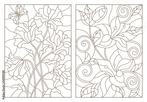 Set contour illustrations in the stained glass style with floral pattern bouquet by poppies and lilies dark outline on a white background vector