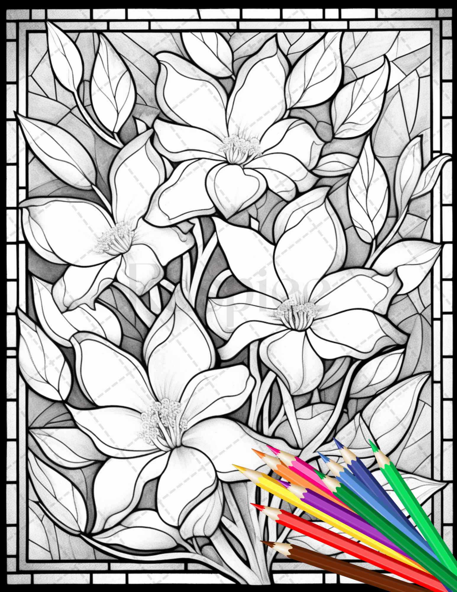 Stained glass flowers grayscale coloring pages printable for adults â coloring
