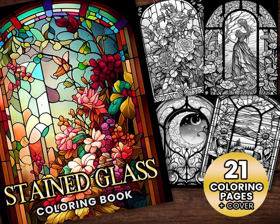 Stained glass collection coloring page adults kids instant download grayscale coloring page gift printable pdf stained glass