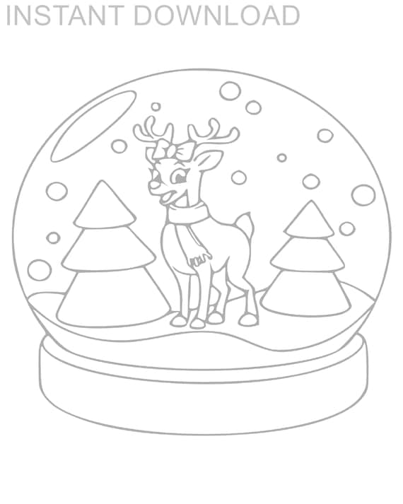 Printable x reindeer in snow globe kids coloring pageinstant downloaddigital fileplus bonus