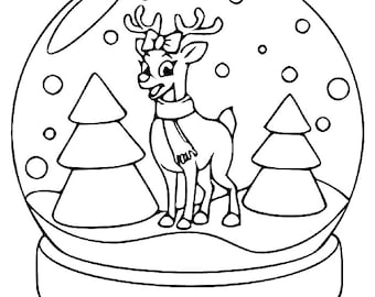 Printable x reindeer in snow globe kids coloring pageinstant downloaddigital fileplus bonus