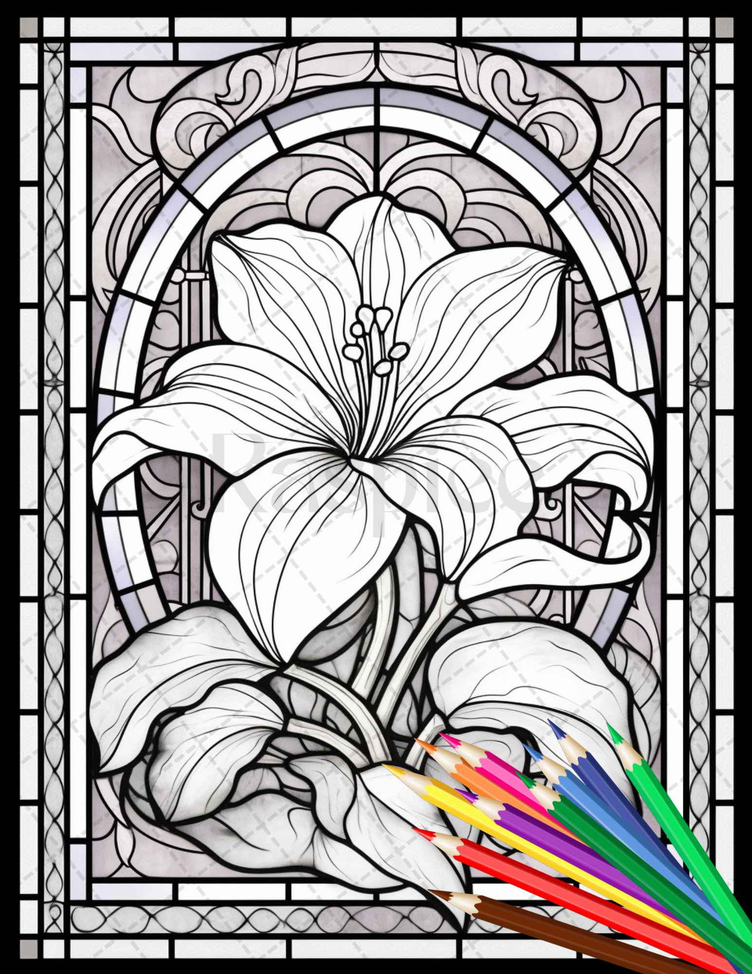 Stained glass flowers grayscale coloring pages printable for adults â coloring