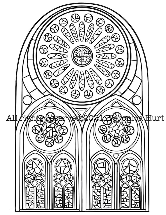 Catholic stained glass rose windows coloring page inspired by sagrada familia cathedral for kids and adults