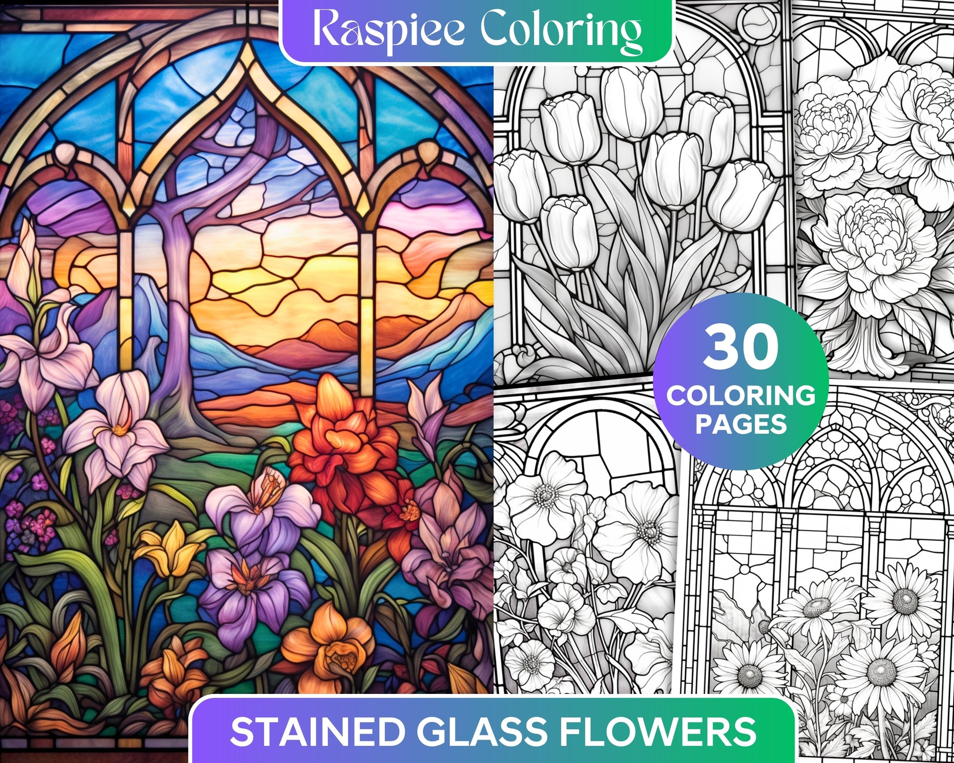 Stained glass flowers grayscale coloring pages printable for adults â coloring