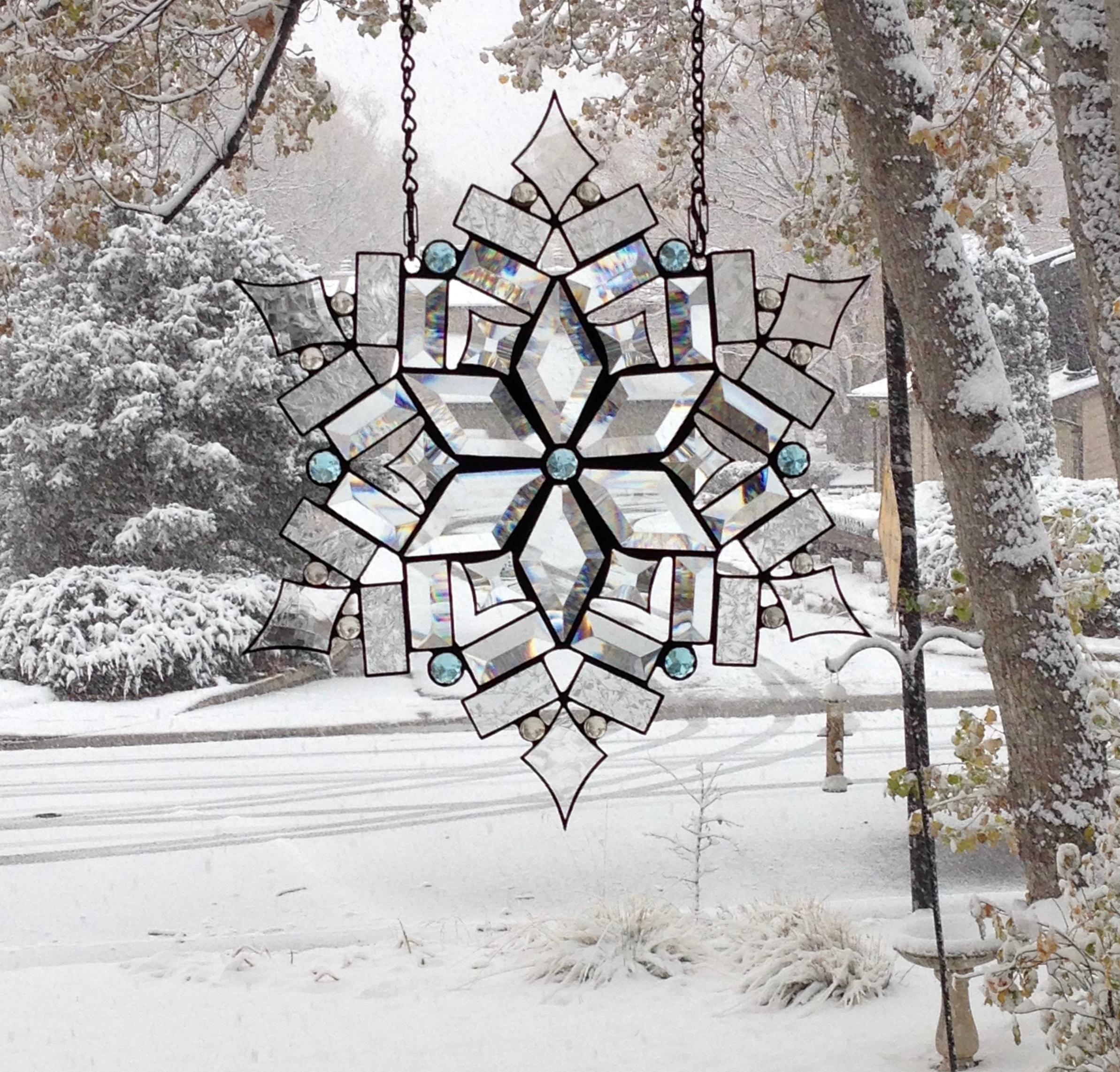 Large stained glass beveled glass snowflake with vintage aqua jewels