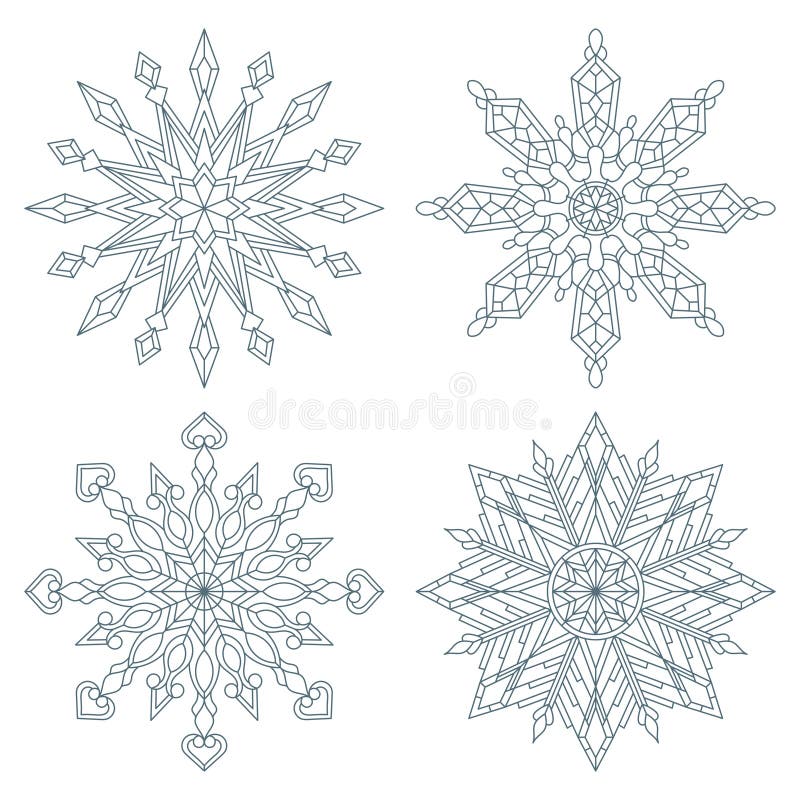 Set of contour snowflakes with ornate patterns hand draw coloring page on a winter theme stock vector