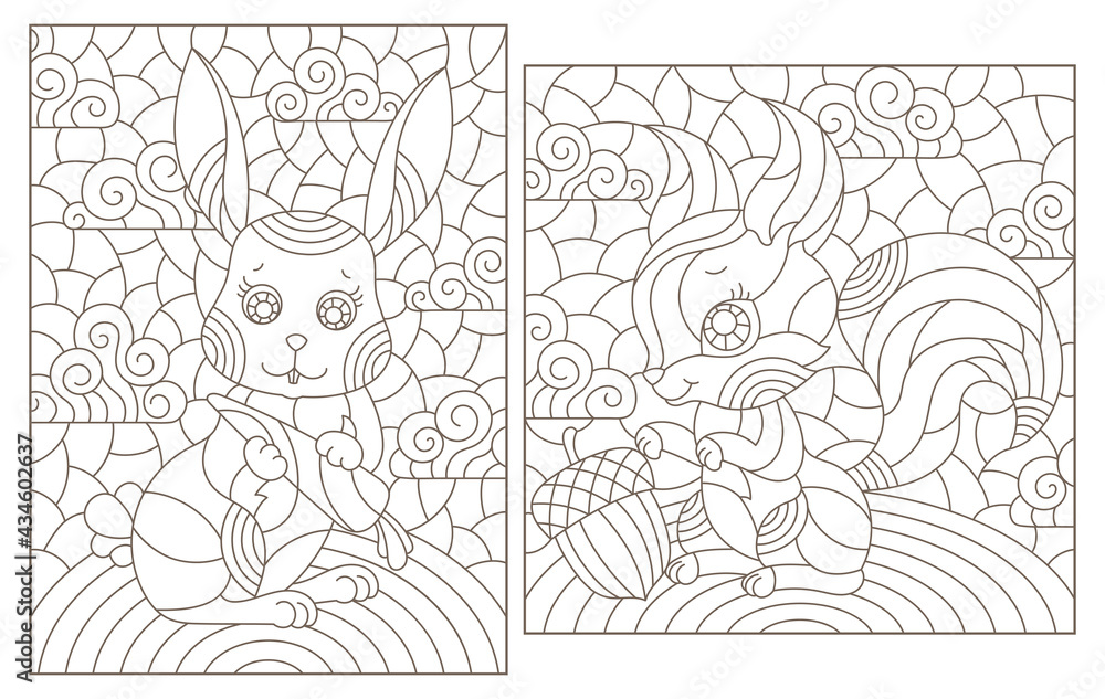 Set of contour illustrations in the style of stained glass with cute cartoon rabbit and squirrel dark outlines on a white background vector