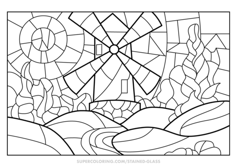 Windmill stained glass coloring page free printable coloring pages