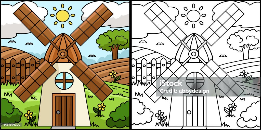 Windmill house coloring page colored illustrationåéåååæåå æåç
