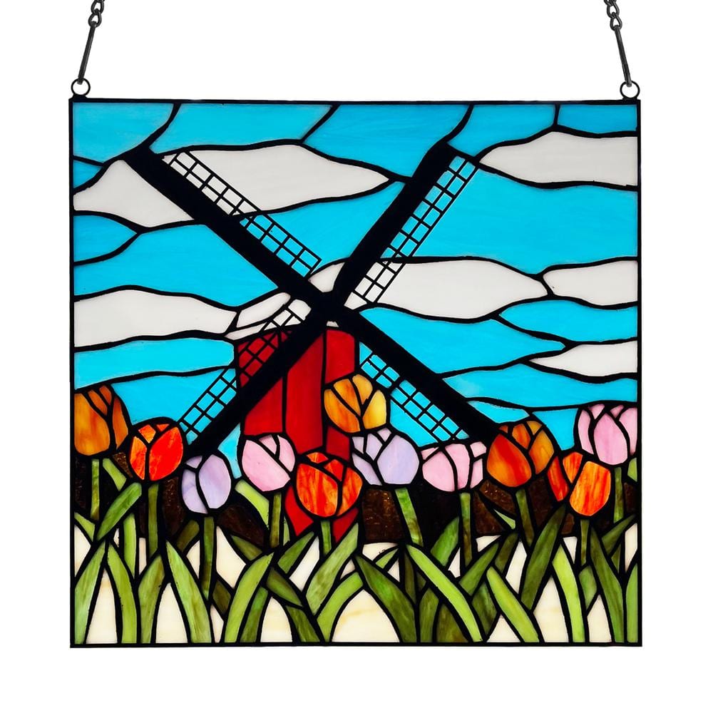 River of goods windmill stained glass window panel