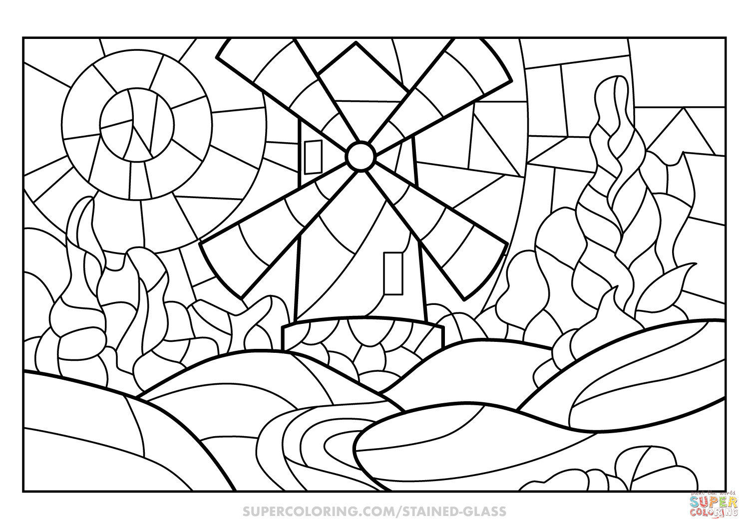Windmill stained glass coloring page free printable coloring pages