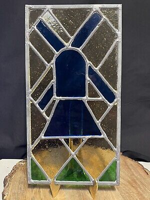Stained glass window windmill dutch design leaded bubble glass