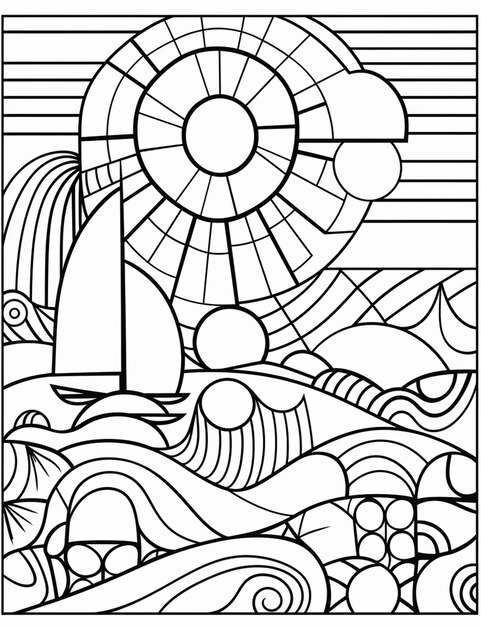 Premium ai image a stained glass window with a boat and a windmill generative ai