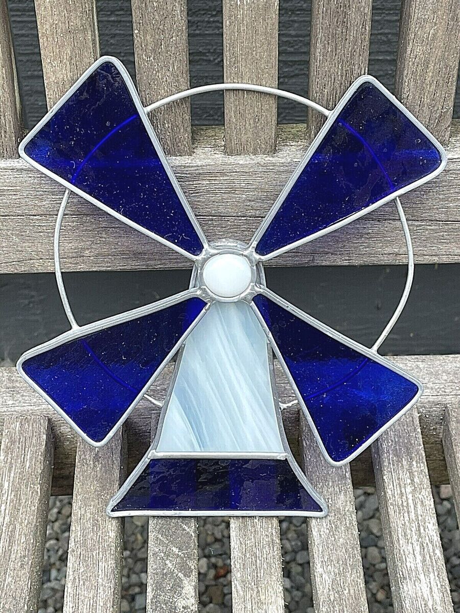 Windmill stained glass suncatcher blue white dutch holland hanging beautiful art