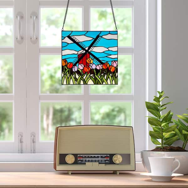 River of goods windmill stained glass window panel