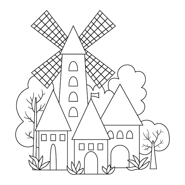 Premium vector vector coloring page medieval village icon with windmill magic kingdom picture stone building
