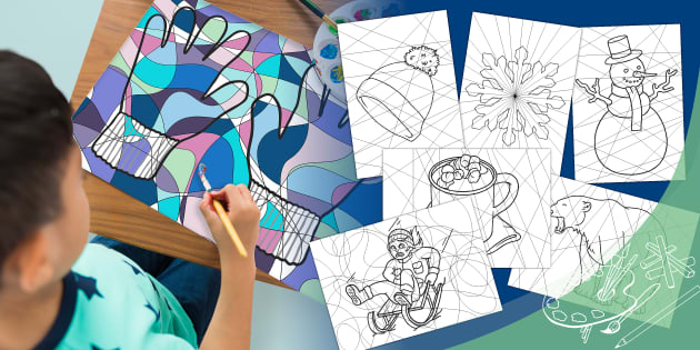 Winter stained glass art colouring activity posters pack
