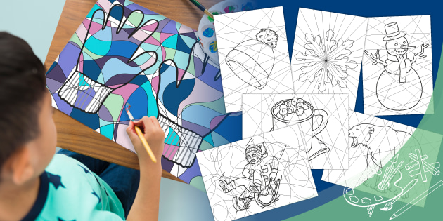Winter stained glass art colouring activity posters pack